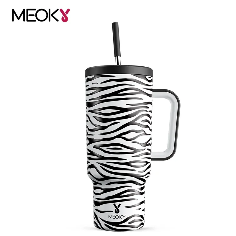 

Meoky 40oz Insulated Mug Zebra Print Stainless Steel Tumbler with Handle Straw Lids Drinkware Coffee Car Cup Vacuum Water Bottle