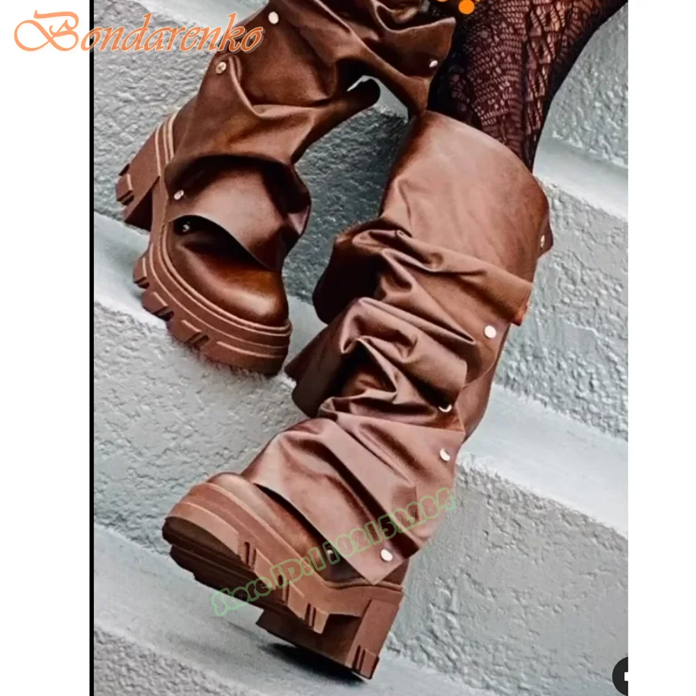 Ruffled Thick Sole Boots Knee High Chunky High Heels Round Toe Solid Rivet Slip On Women Shoes New Style Designer Winter Autumn