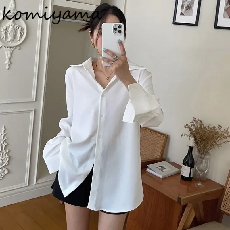 Komiyama Turn Down Collar Blusas Mujer Long Sleeve Shirts Blouses Single Breasted Camisas Korean Simple Shirt Tops with Vest