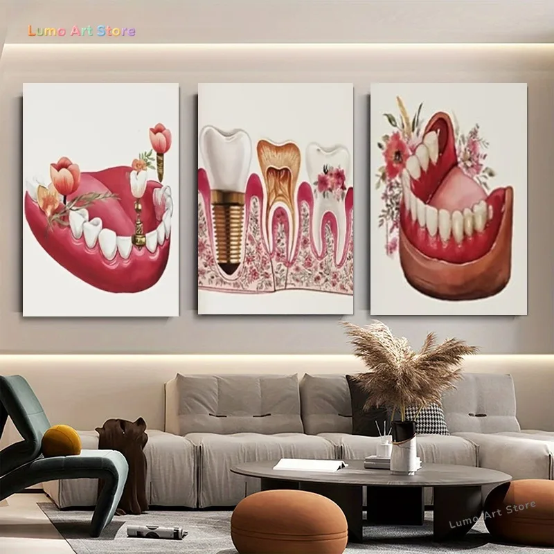 2D Flat, 2D Flat, 3pcs, Dental Implant with Flowers Canvas Art, Abstract Illustration Poster for Bedroom Living Room Office,