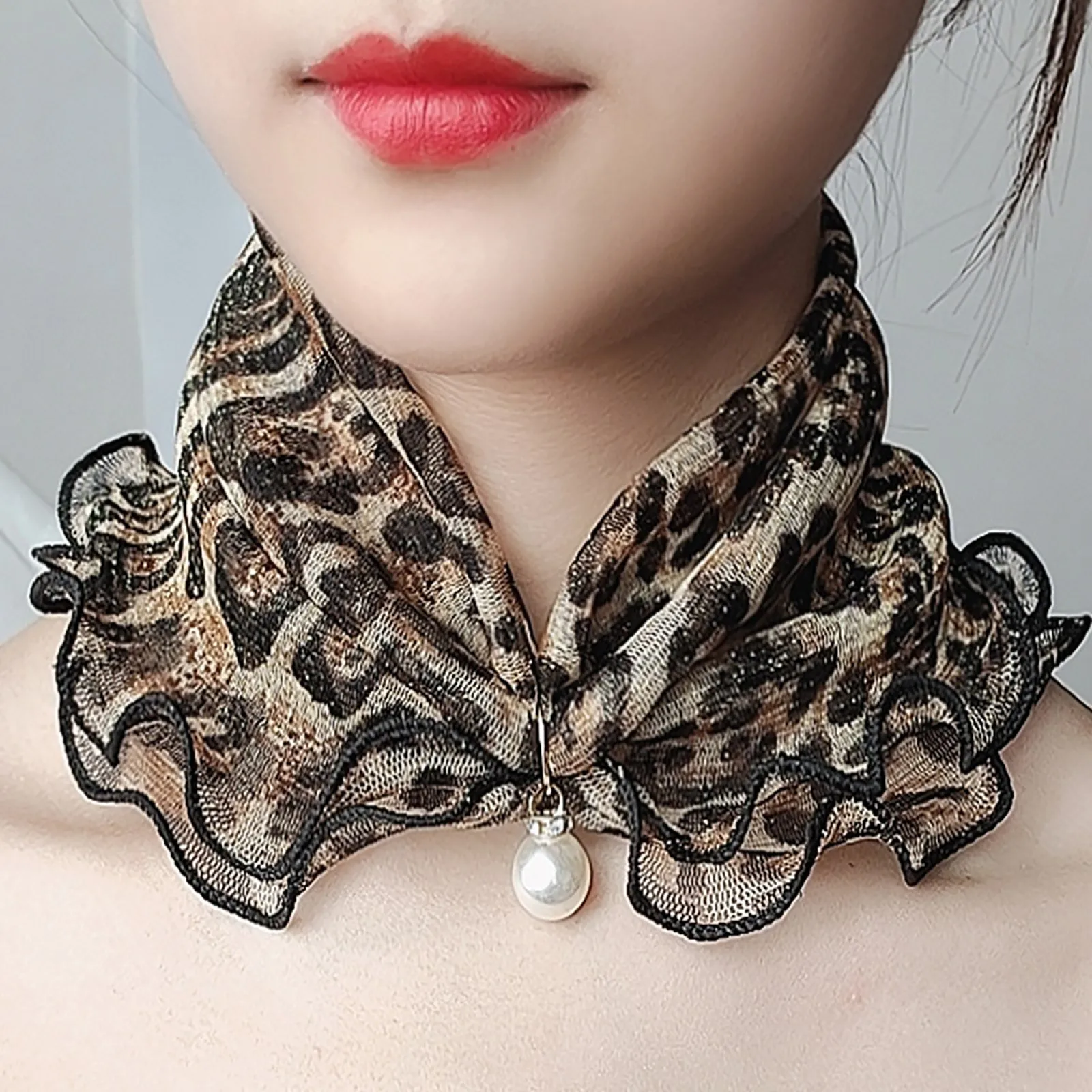 

Organza Neck Collar Chiffon Scarves Print Shiny Scarf Multi-functional Elastic Neck Wrap Fake Pearl Pendant Ruffle Lace Scarf