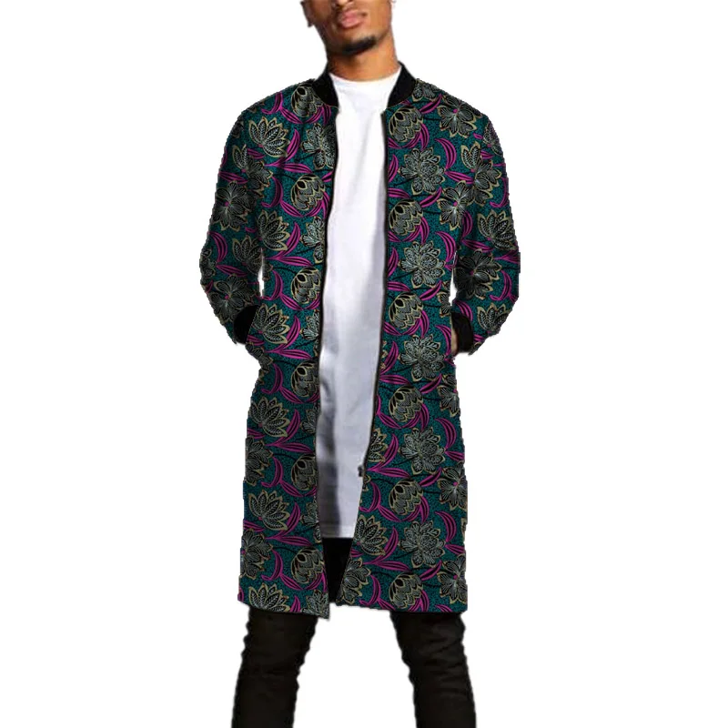 African Print Men's Long Jacket Stand Collar Overcoat Designer Handmade Customization Drop Shipping