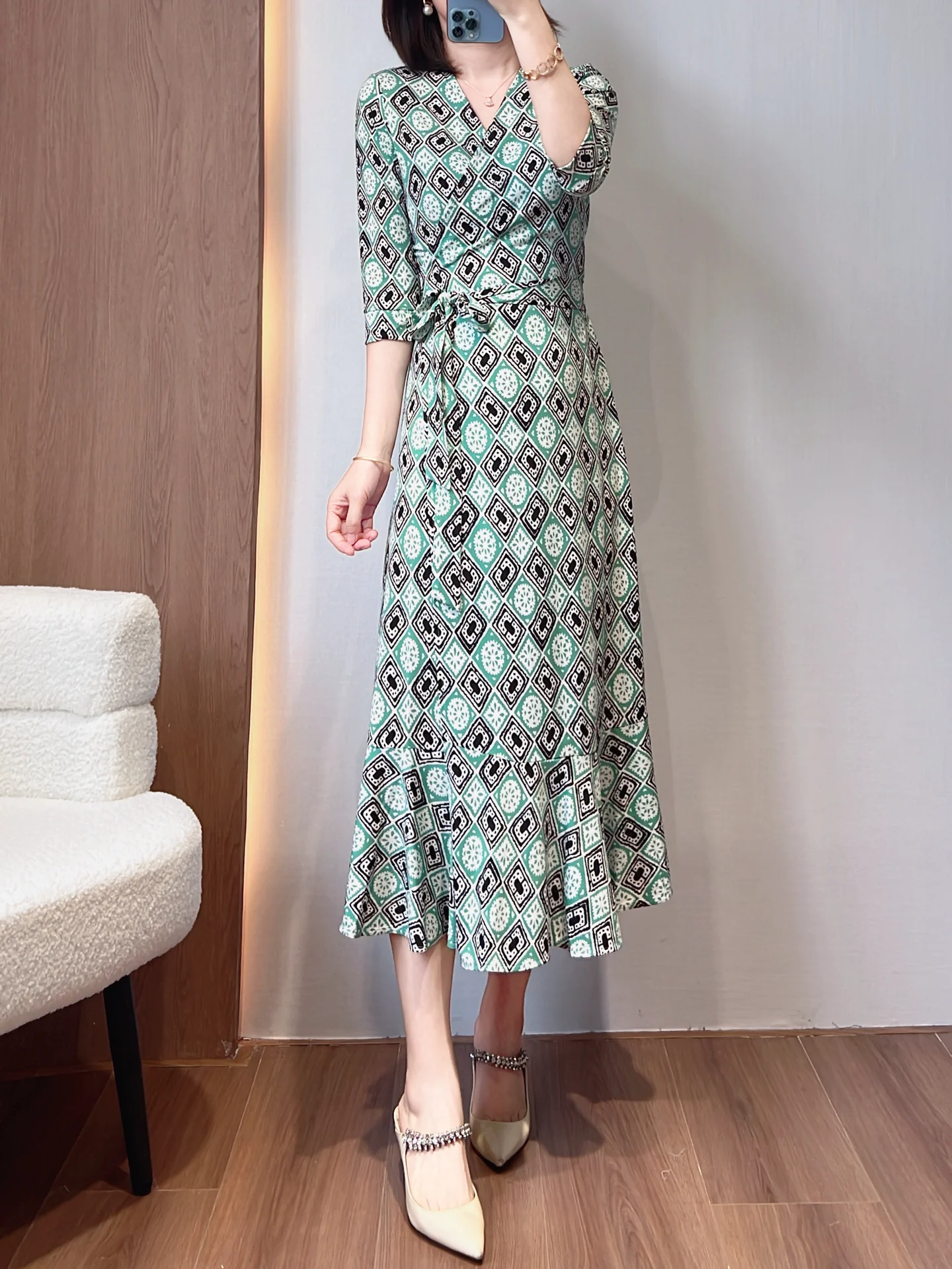 

Ele Slimming V-Ne Wrap Dr in Bla White And een Print for Women Early Autumn High Waist Cotton Blend Dr