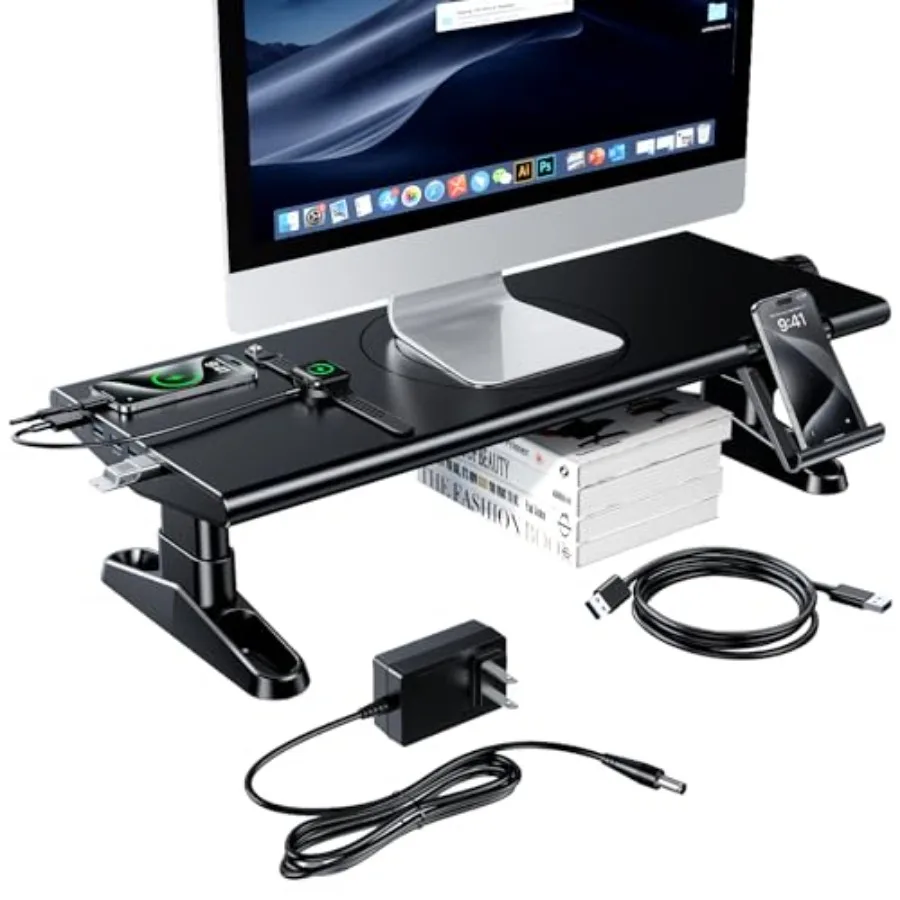 Computer Monitor Stand Riser for Desk with USB Hub Charging 30W/5Gbps USB C Docking Station with Power 4.4-5.7'' Freely Height
