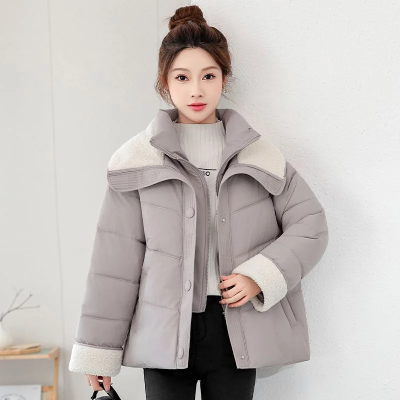 

Women Cotton Coat Parkas High-end Short Lapel Autumn Winter Jacket Lamb Wool Down Cotton Coat Waist-cinching Cotton Outerwear