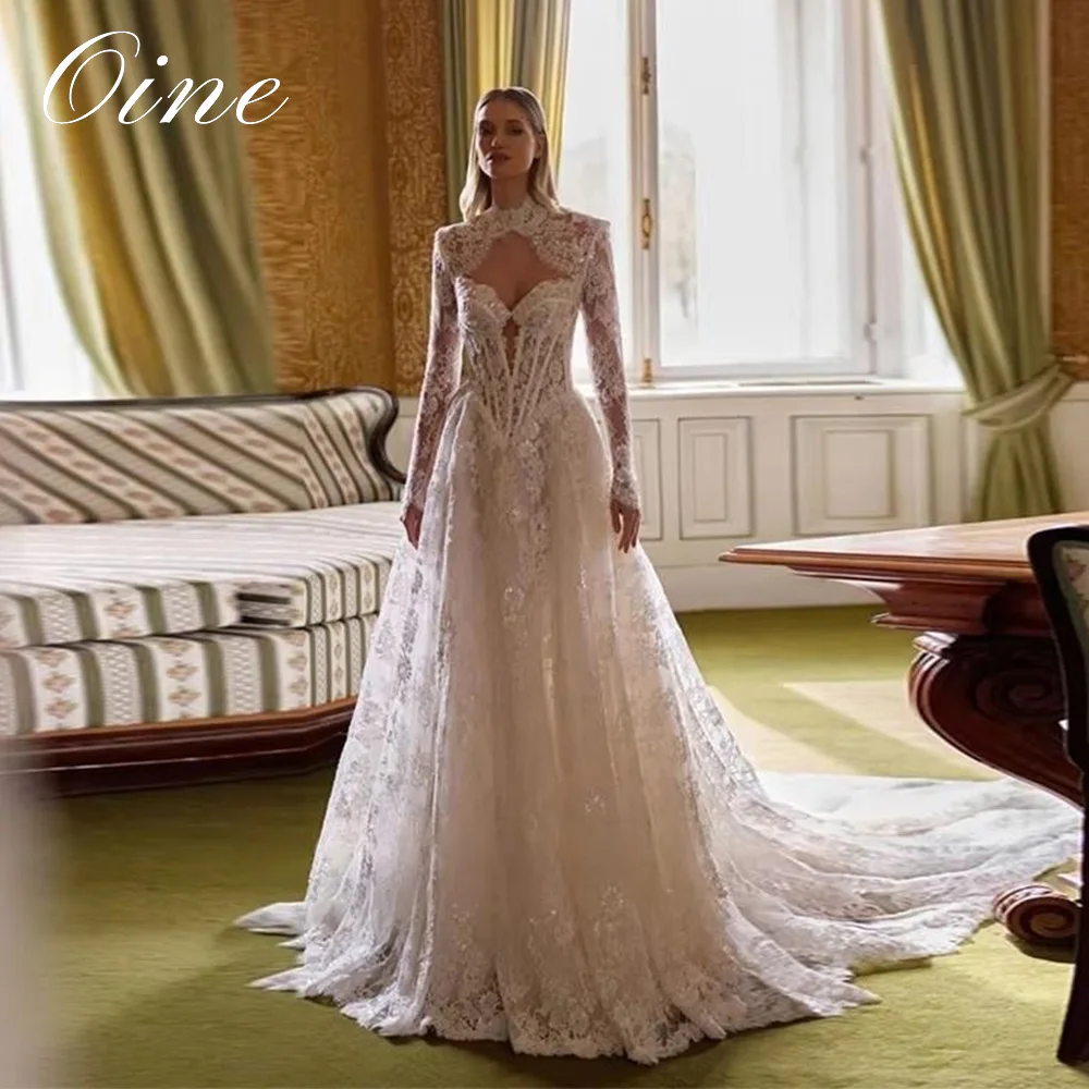Oine Customized Exquisite Lace A-line Wedding Dress Long Sleeves Sequin Bridal Gown Back Zip Sweep Train Vestidos De Novia 2027