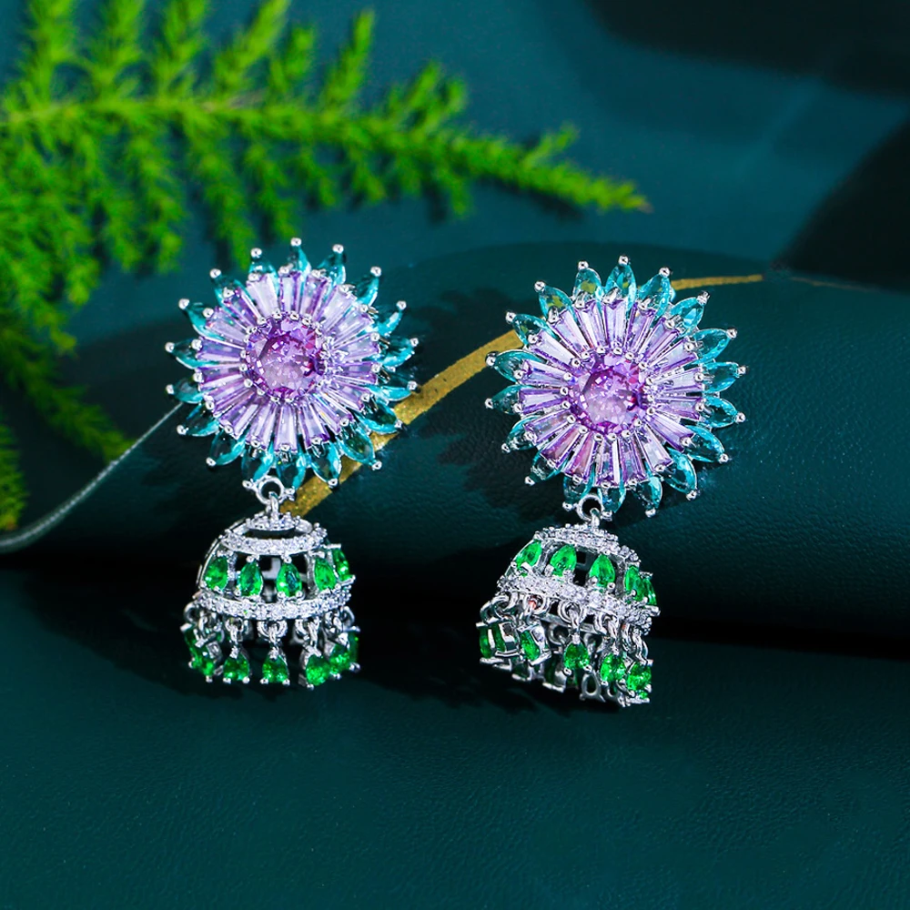 

ThreeGraces Elegant Purple Green Cubic Zirconia Silver Color Flower Tassel Drop Earrings for Women Wedding Party Jewelry E1778