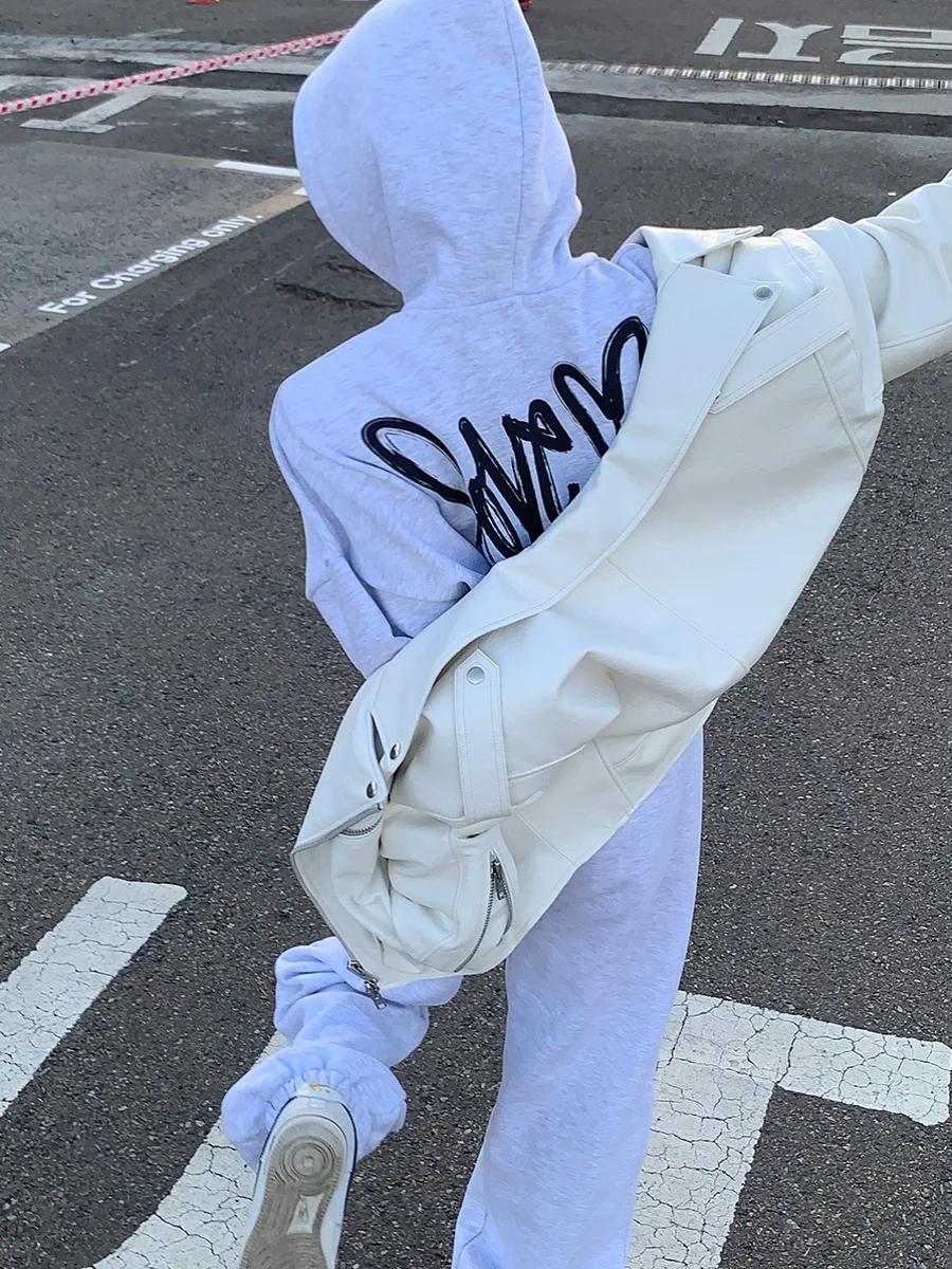 Sli ort PU Leather Jaet Women's Loose Fit Biker Coat with Double Zipper And Rivet Collar Trendy Outerwear