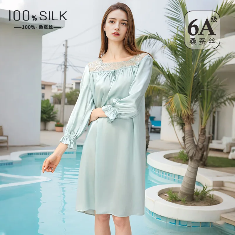 French Vintage Pure Silk Nightgown Women Long Sleeve Loose Sleepwear Antibacterial Cool Feeling Lounge Dress