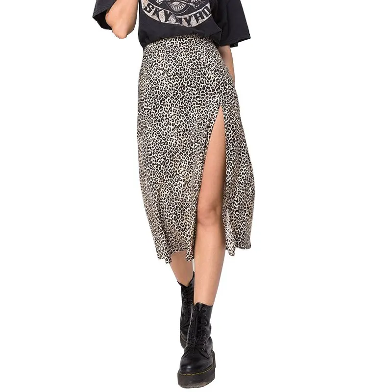 Women\'s Skirt Summer Sexy High Waist Slit Floral Skirt Leopard Print Skirt Slit Hip Cover Skirt Mid-Length A-Line Skirt