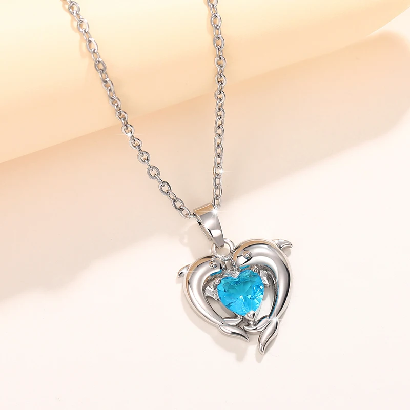 Huitan Couple Dolphin with Blue Heart CZ Necklace Women Chic Bride Wedding Clavicle Chain Necklaces Fancy Gift Statement Jewelry