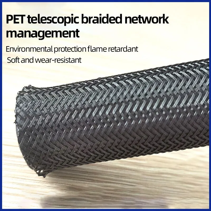 PET Elastic Woven Wire Mesh Black Encrypted Flame Retardant Woven Wire Mesh Nylon Computer Wire Mesh Tube Telescopic Sleeve 10m