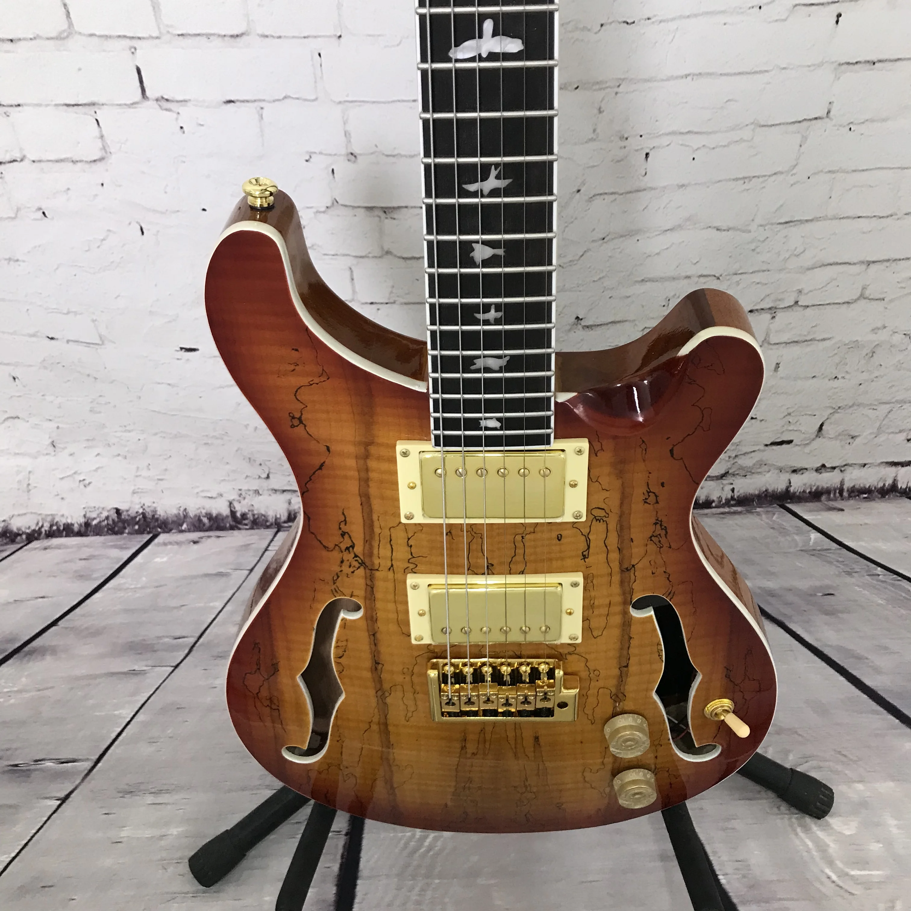 Semi-Hollow Construction PRS Electric Guitar  Missing Corner Half Air Heart Fluff Pattern Wood Grain Fluff Amber Scale Knob