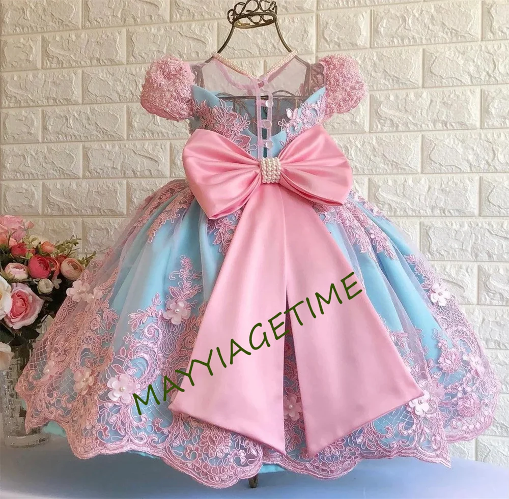 Princess Flower Girl Dresses Luxury O-neck Appliqued Pink Lace with Bow Pearls Beads Birthday Ball Gowns Kids Wedding Dress