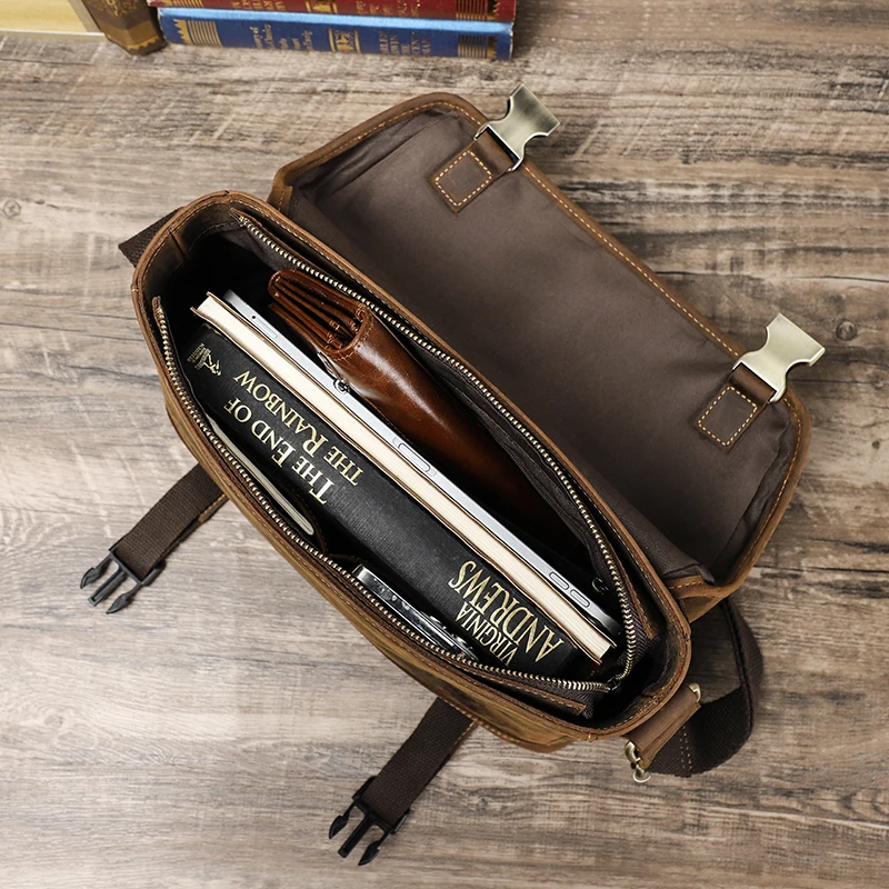 CONTACT\'S Genuine Leather Sling Shoulder Bags Men Vintage Small Briefcase Messenger Crossbody Bags Travel Bag for 12.9\