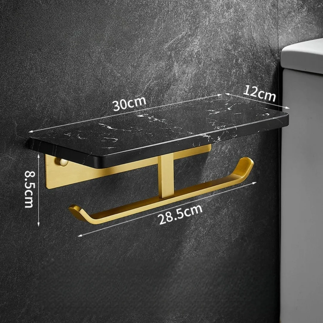 Wall Mounted White marble toilet paper holder black tissue holder marble black paper roll rack with mobile phone storage rack