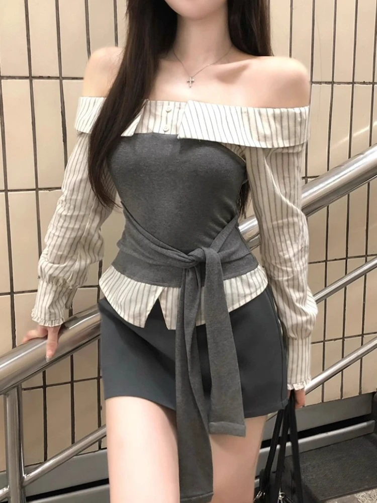 Herbst Elegante Gestreifte Design Patchwork Sets Eine Schulter Schlank Top + Mini Rock Anzug Frauen Korea Chic Langarm 2-stück Set