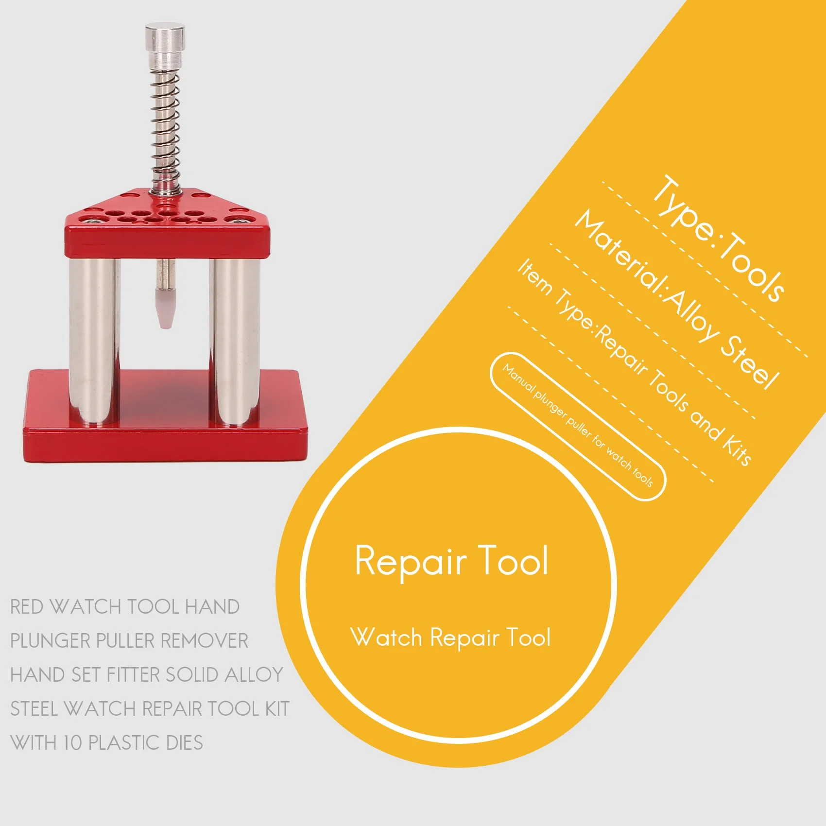 Kit d'outils de réparation de montre avec 10 matrices en plastique, ensemble d'outils à main, extracteur de piston à main, ensemble de mains, installateur, acier allié solide, rouge