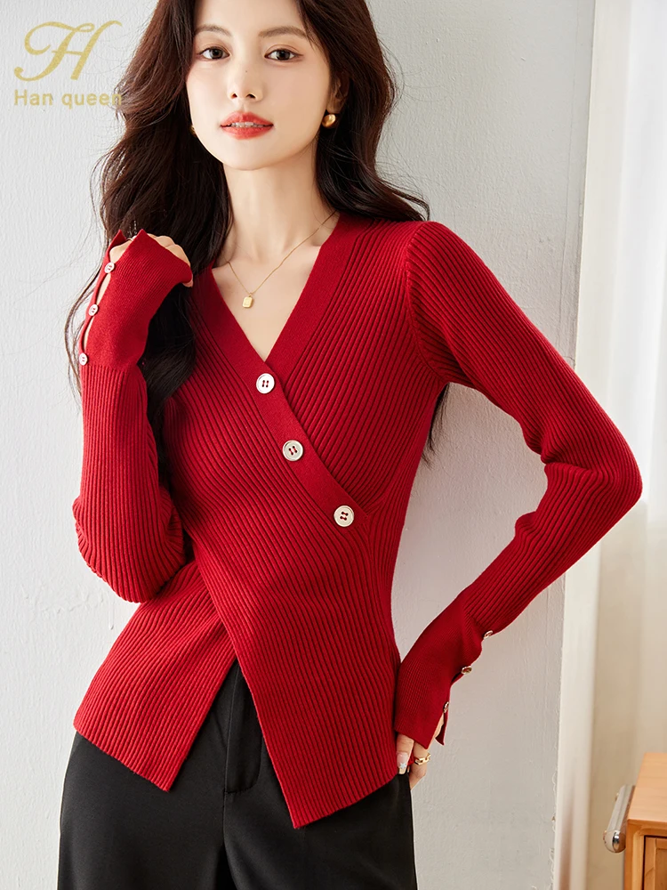 H Han Queen Autumn Winner Fashion Vintage Red Pullover Sweater Womens Vintage Casual Tops Women Basic Knitted Pullovers