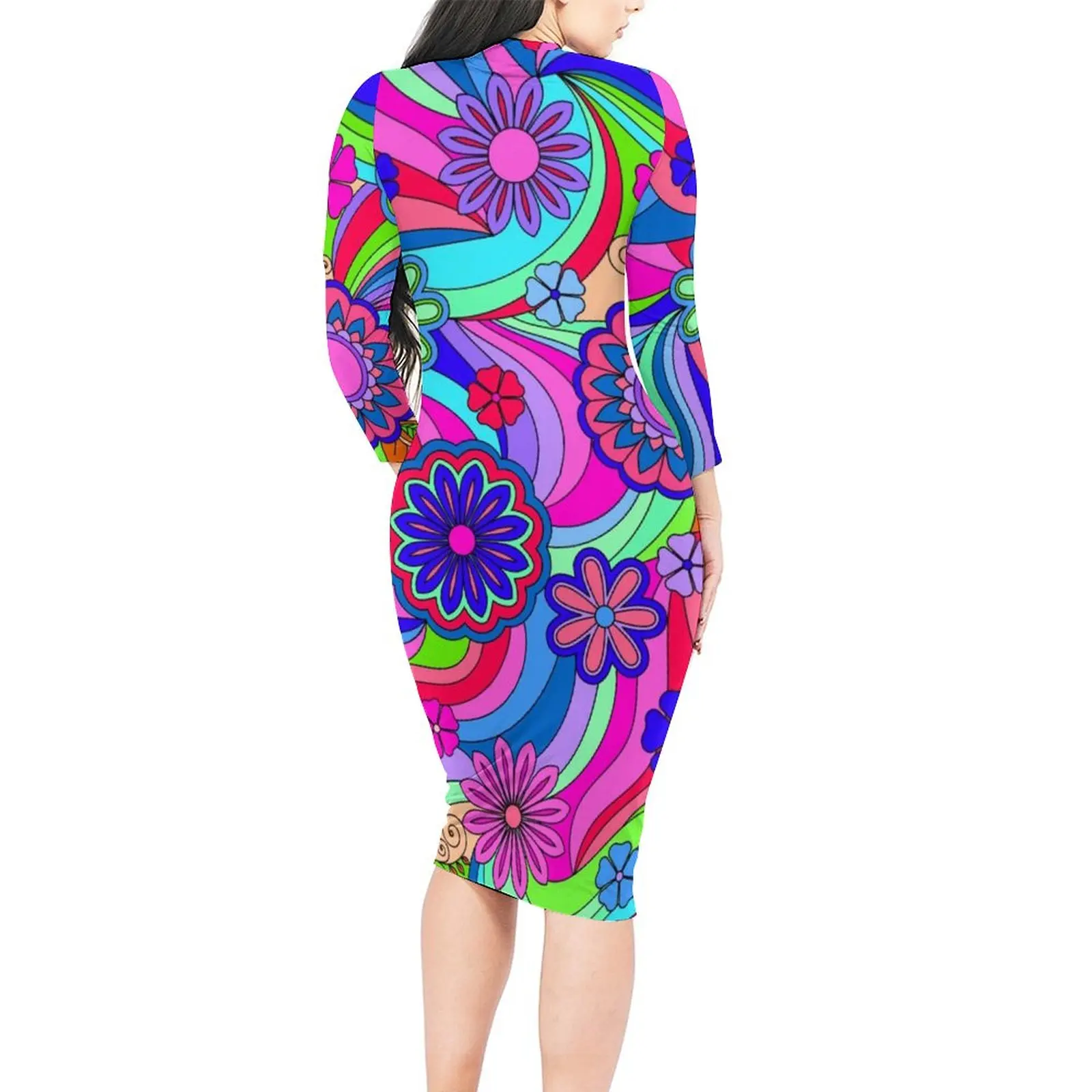 Hippy Flower Power Dress Long Sleeve Colorful Floral Print Street Style Dresses Cute Bodycon Dress Woman Design Big Size Clothes