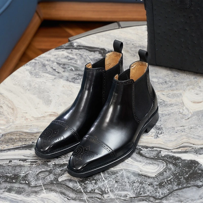 Designer Square Toe Men High Top Leather Boots British Carved Patterns Genuine Leather Chelsea Boots Male Business Ankle Boots