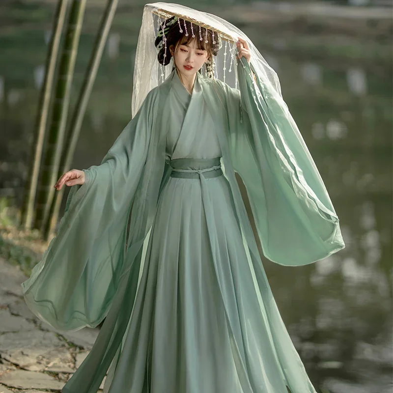 Hanfu Women Cross Collar Waist-length Skirt Summer Suit Chinese Style Hanfu Dress Chinese Traditional Fairy Green Skirt Costume