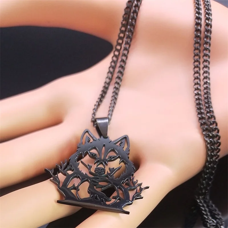 Goth Vollmond Wolf Kopf Anhänger Halskette Frauen Männer Schwarz Farbe Wald Baum Hohl Tier Halsketten Schmuck Party Geschenke N2032S03 – Detail 8