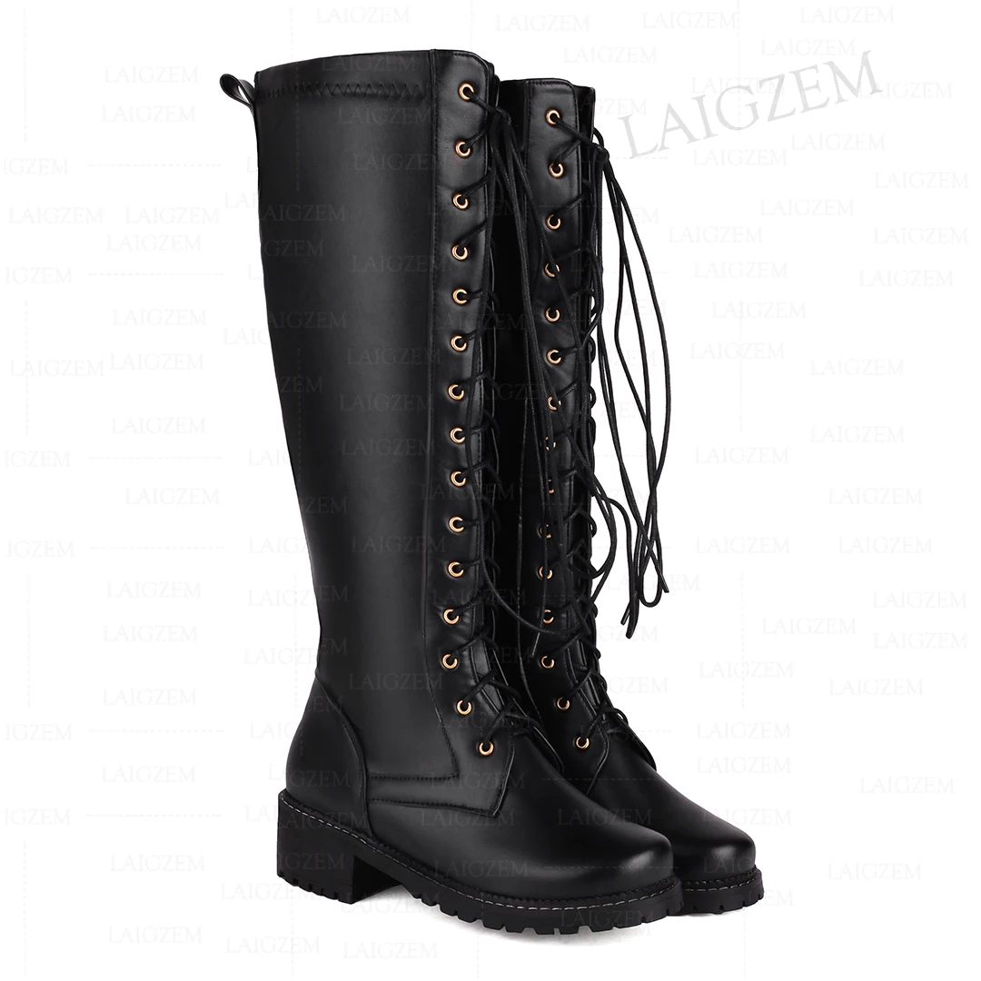 LAIGZEM Knee High Boots Round Toe Faux Leather Side Zip Low Square Heels Tall Boots Ladies Handmade Shoes Woman Size 41 44 48 50