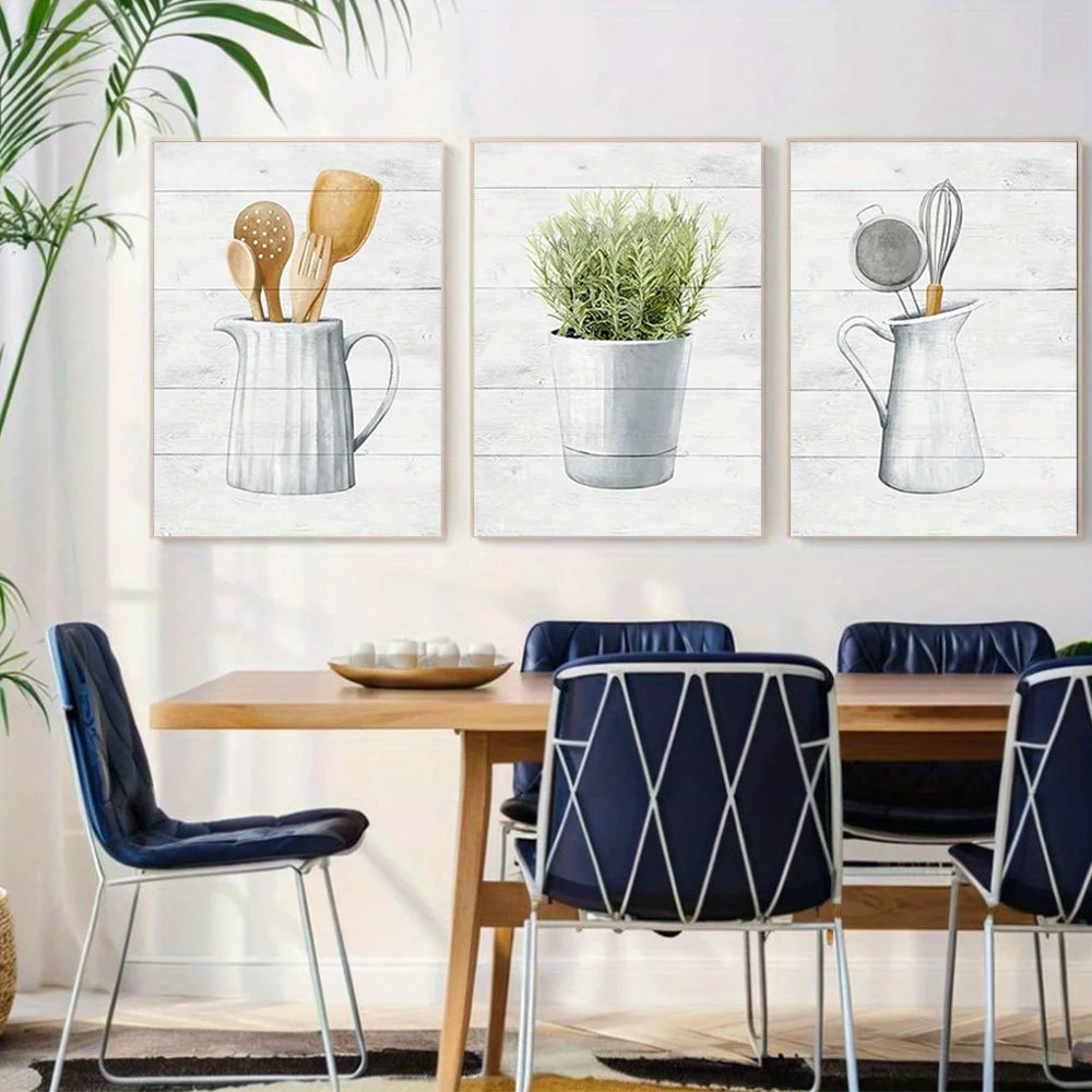 2D Flat 3pcs Unframed Kalormore Pieces Kitchen Picture Wall Decor Kitchenwear Canvas Wall Art Rustic Artwork Freamd, 2D Flat