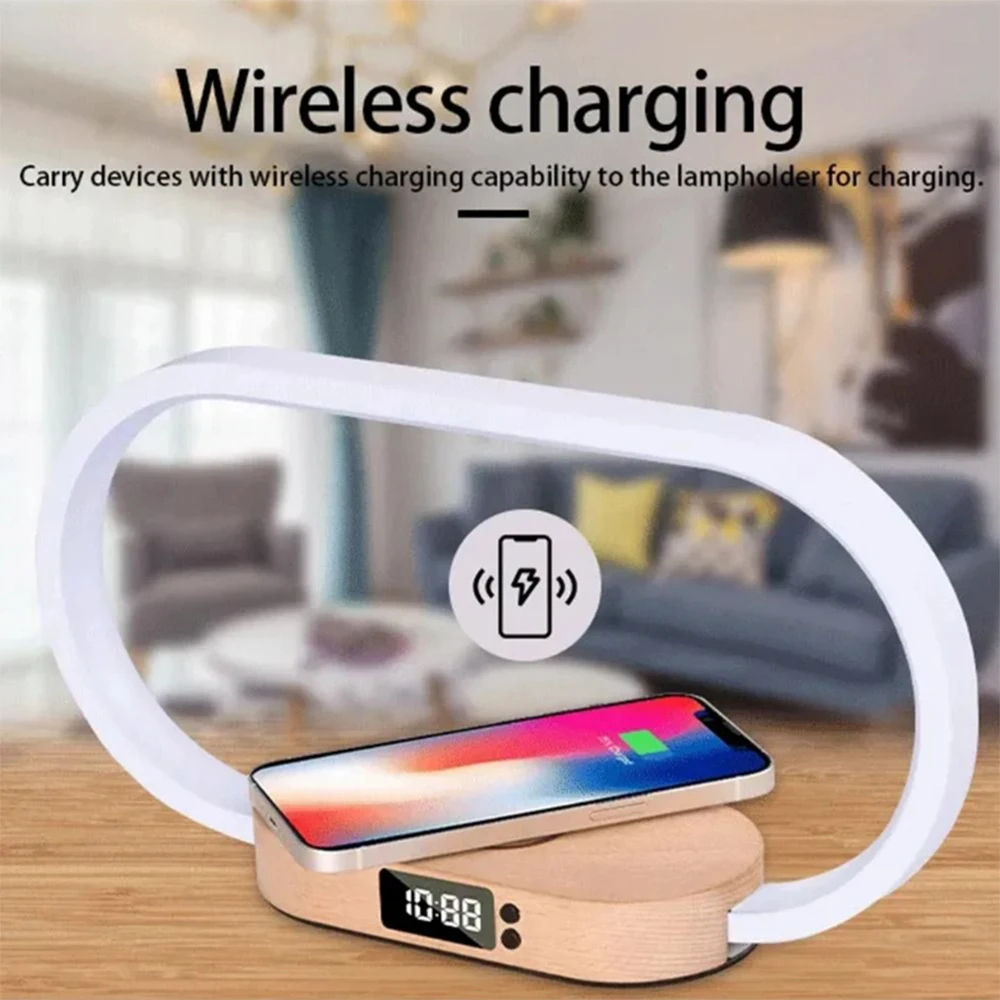 

Smart Creative Night Light Wireless Charger Wooden Table Lighting Dimmable Nightstand Lamp For Bedroom With Clock