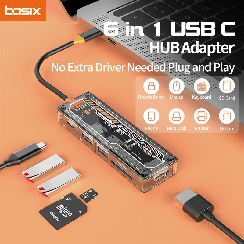  Basix usb c hub Type-C to USB3.0 HD-MI USB-C PD3.0 Data2.0 SD TF hub docking station for MacBook Air, iPad Pro, iPhone15Pro, XPS 