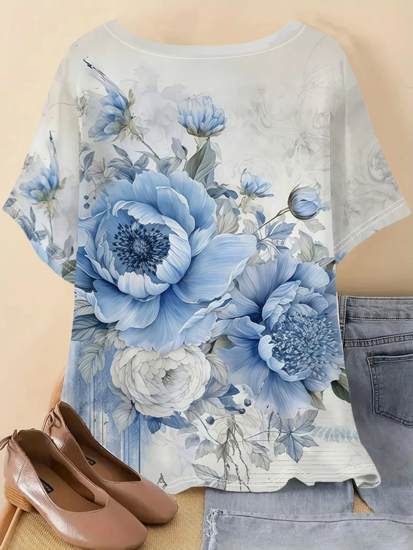 New Women T‑Shirt Vintage Blue Peony Floral Print Round Neck Short Sleeve Tee Casual Daily Fashion Tops Women's Clothes