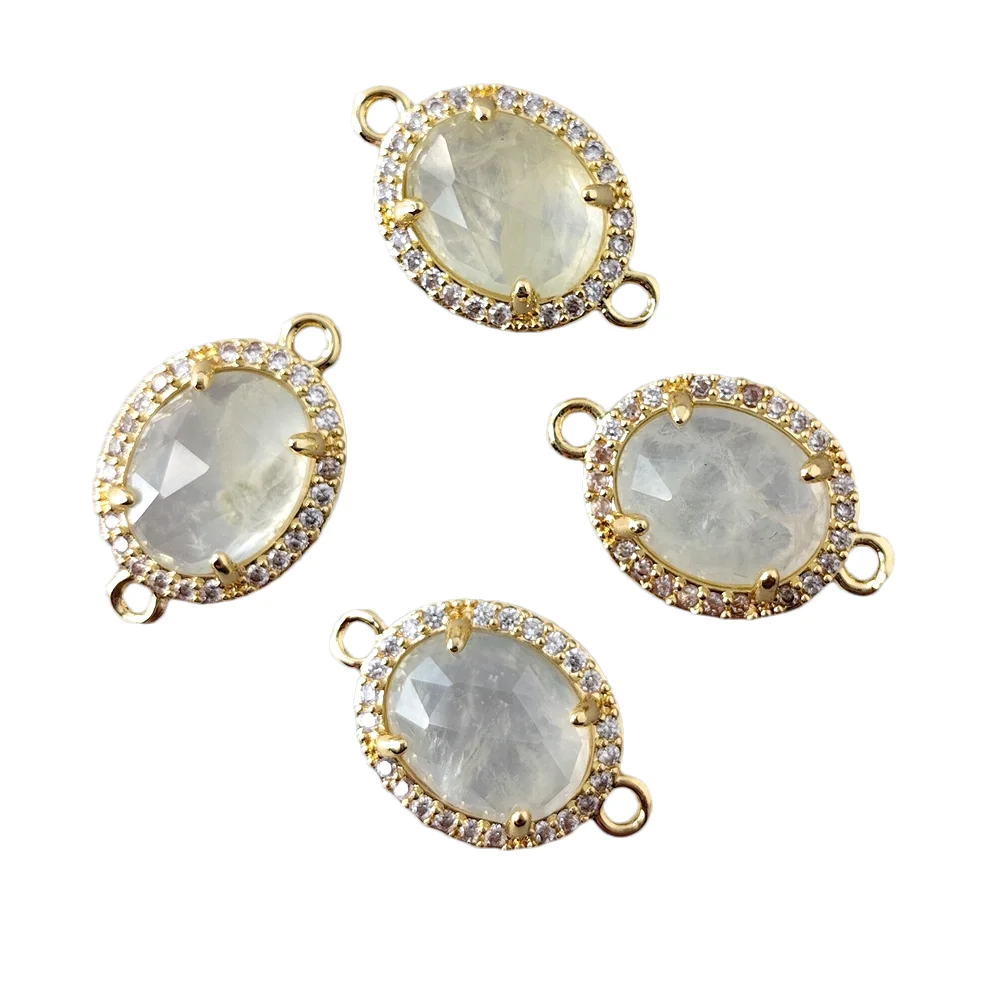 10pcs 18x25mm CZ Pave natural Oval Faceted Green Prehnite Charms Connector Double ring Handmade DIY