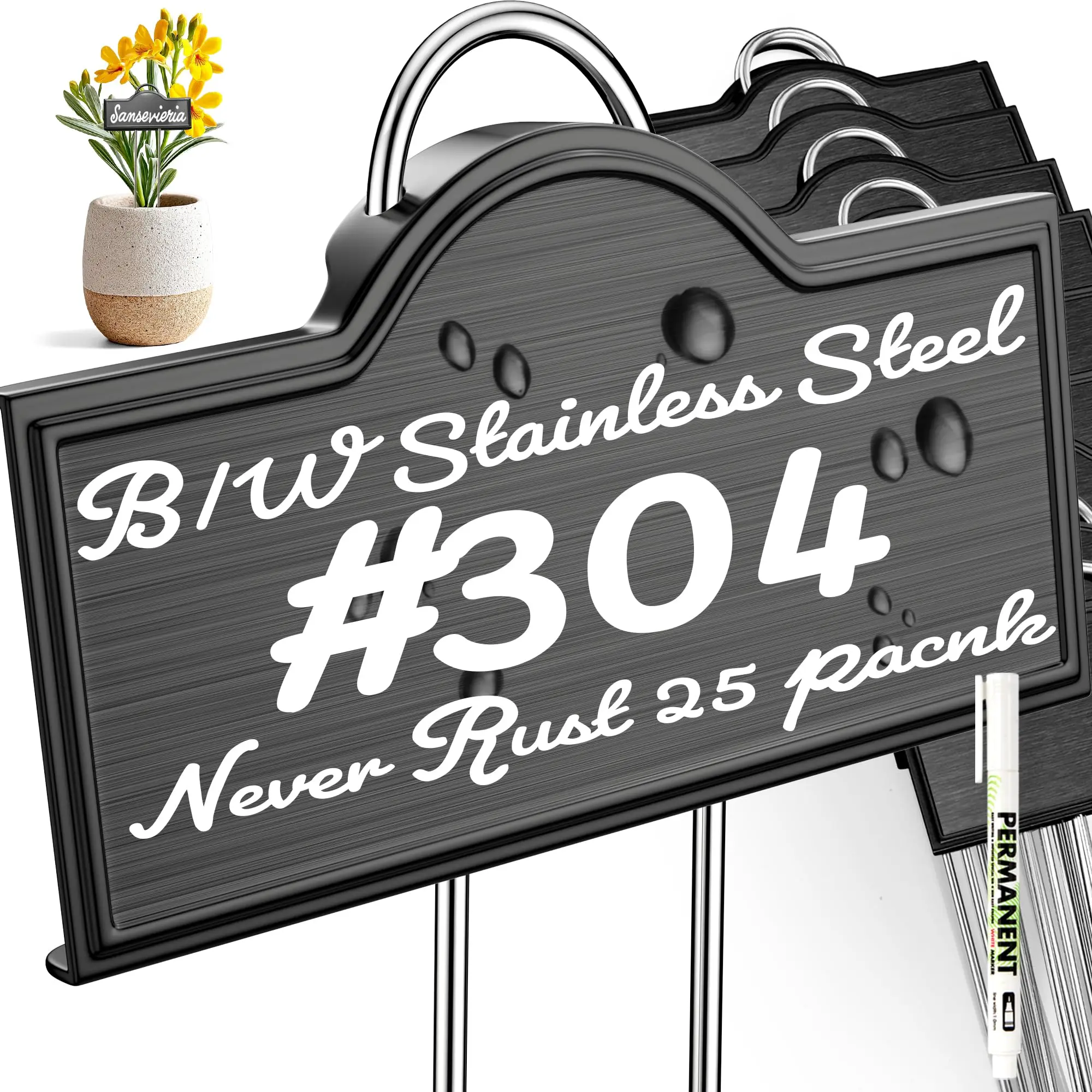 Metal Plant Labels 304 Stainless Steel Rustproof Weatherproof Tall Garden Markers 25 Pack with 2 Markers, 10.75in Height Large Writing Area for Herb Vegetable Seedling Flower Outdoor Potted Plants
