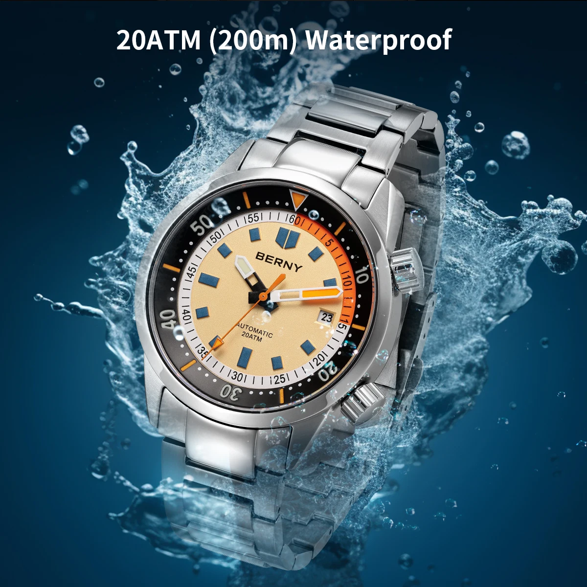 BERNY Automatische Taucheruhren für Herren, 20 ATM, superleuchtende mechanische Herren-Taucheruhr, Saphirglas, komplett aus Edelstahl – Detail 11