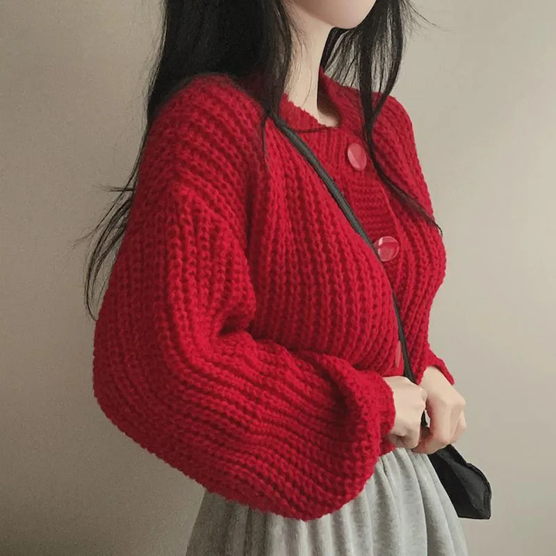 2024 Fall Winter Short Knitted Cardigan Women Thicken Warm Single-Breasted Sweater Female Solid O-Neck Long Sleeve Knitwear Coat