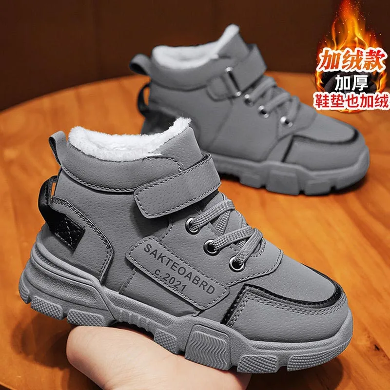 New Winter Sports Running Children Leather Waterproof Snow Boots Boys Fashion Non-slip Kids Plush Warm Boots Infant Cotton Shoes