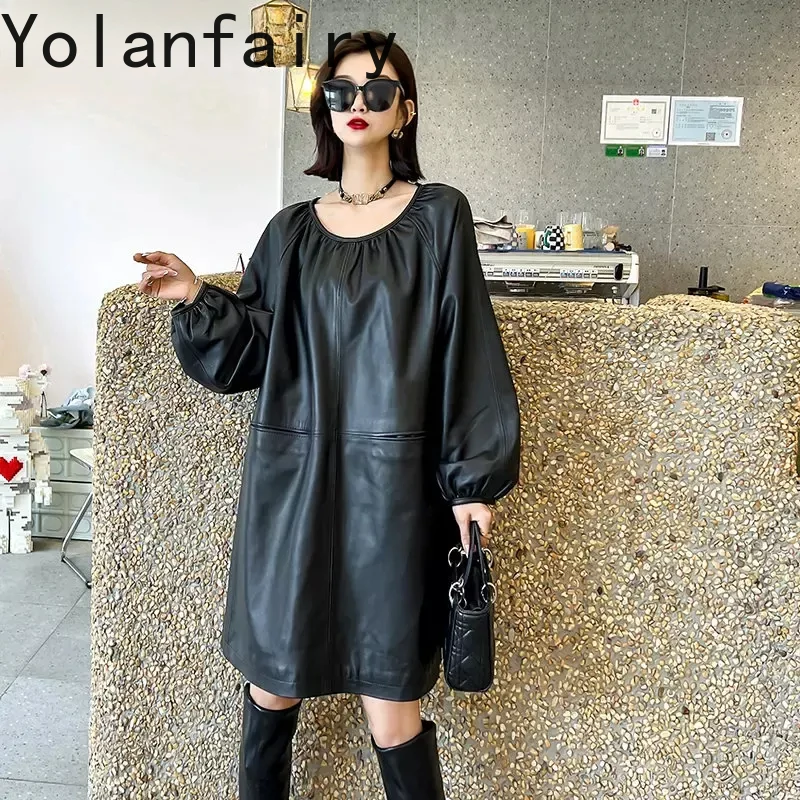 Genuine Leather Dresses for Women 2024 Spring Autumn Elegant Pure Sheepskin Black Dress O-neck Long Puff Sleeve robe femmes SGG