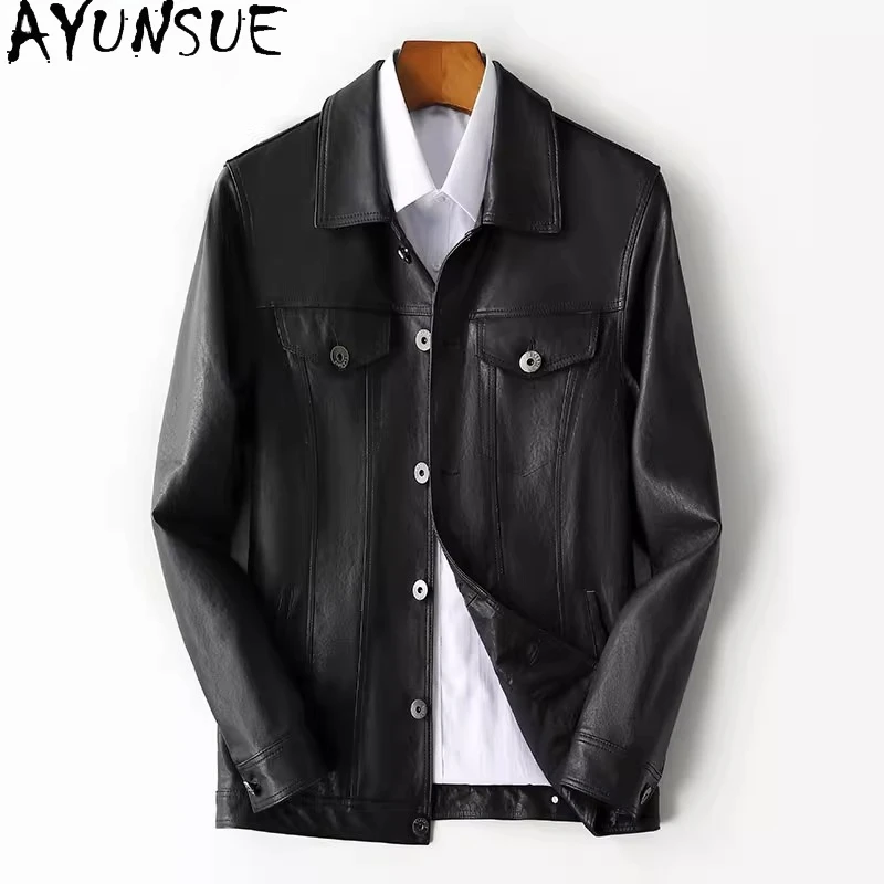 

AYUNSUE Vegetable-tanned Sheepskin Jacket Man Leather Coat Short Genuine Leather Jackets Single-breasted Motorcycle Wear abrigos