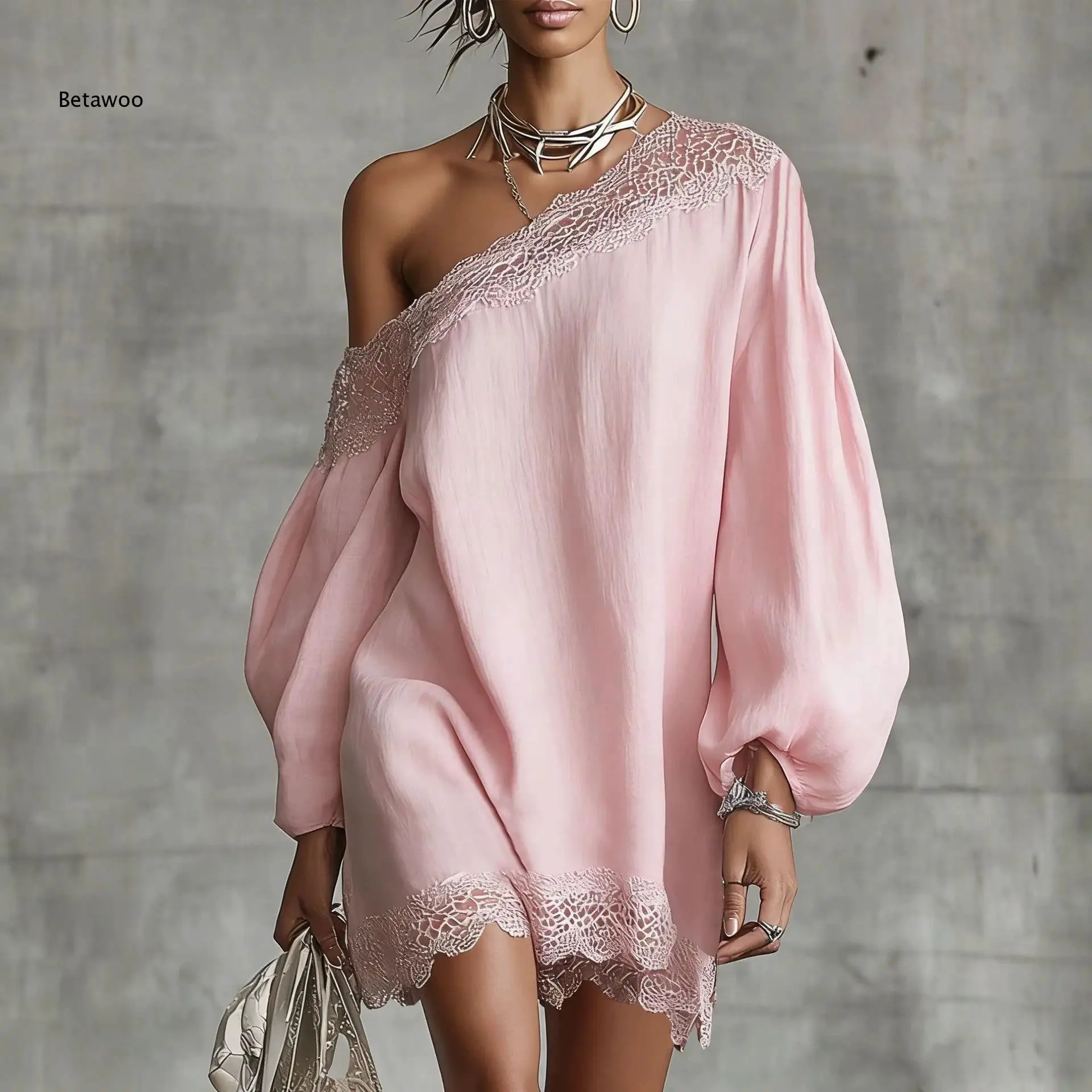Asymmetric One Shoulder Crochet Lace Trim Long Balloon Sleeve Crinkled Fabric Loose Fit Hem Tunic Top