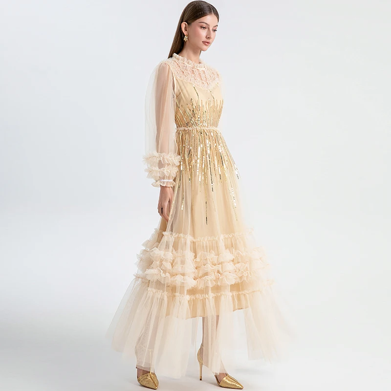 Ele High-Waisted Long Dr with Embroidered Sequin Net Patchwork And Princ Sves for Women in Their 30s