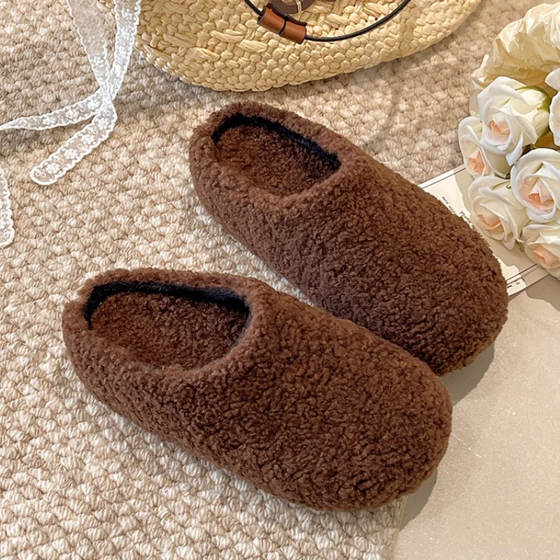 

Women Slippers Fur Flats Mules Shoes Suede Warm Short Plush Shoes 2025 Trend New Fashion Winter Casual Home Flip Flops Mujer