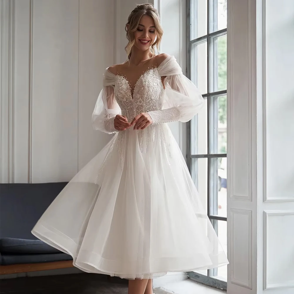 Customized Sweet Off Shoulder Lace Applique Wedding Dress For Woman Bride With Bubble Sleeves Button Back Long Robe Bridal Gown