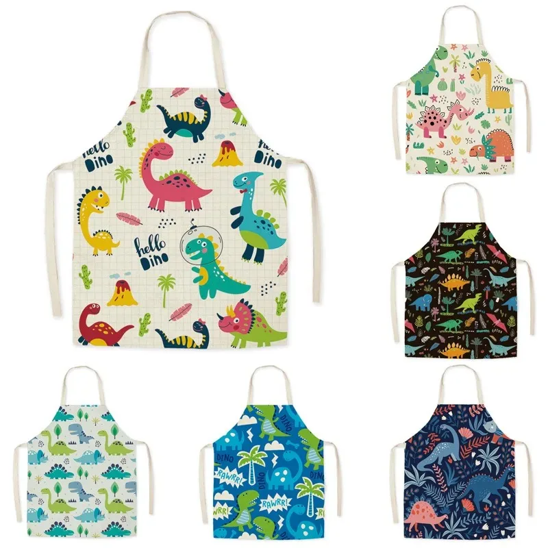 Cartoon Dinosaur Cute Apron for Children Kitchen Cooking Linen Soft Fabric Adults Children Bib Apron Cooking Accessories Aprons