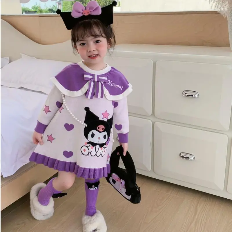 Anime Sanrios Hellokittys My Melody Kuromi Autumn Winter Cute Girl Dress Fur Ball Color Matching Kids Knitted Long-Sleeved Skirt