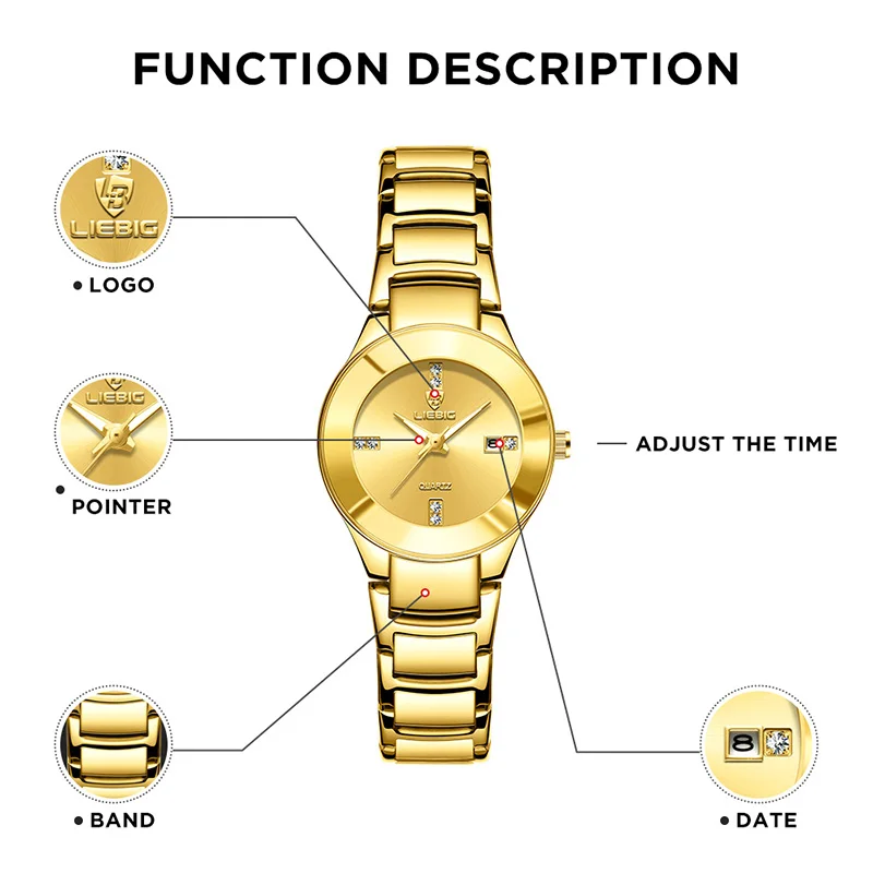 LIEBIG Fashion Golden Luminous Dispaly Quartz Watches Girl Luxury Full Steel Strap Waterproof Wristwatch Woman Clock Reloj Hombr