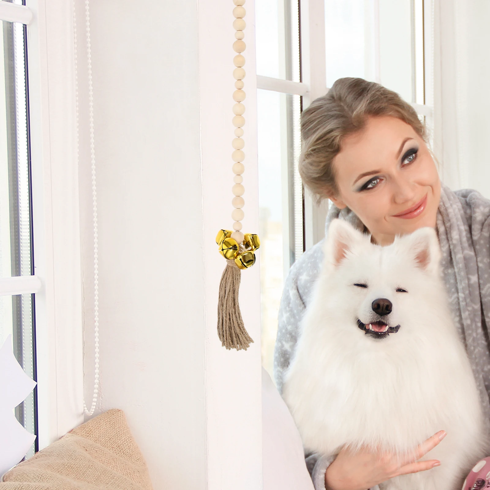 

Creative Cotton Rope Wooden Beads Dog Bell Door Handle Easy Install Pet Training Doorbell Decorative Home Accessory