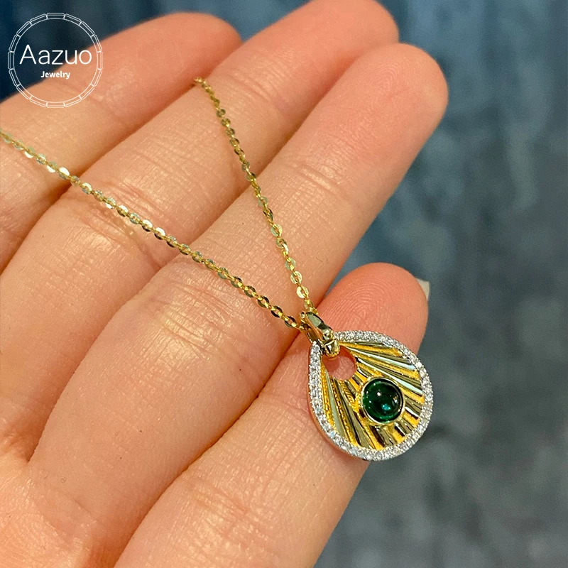 

Ювелирные изделия Aazuo 18 карат, чистое однотонное желтое золото, натуральный изумруд, настоящие бриллианты, подвеска в виде сказочного веера с цепочкой, ожерелье, подарок для женщин