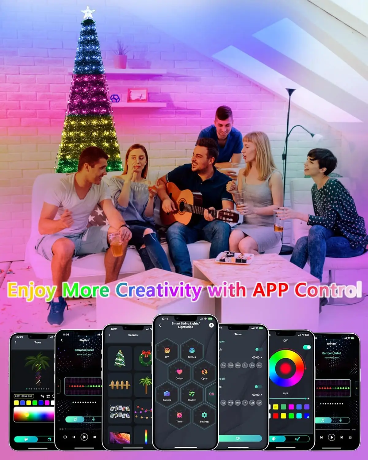 Lampu Natal Pohon Natal Pintar 6.9FT 400 LED dengan Lampu String LED Topper Bintang Sinkronisasi Musik, Colokan untuk Dekorasi Pesta Natal
