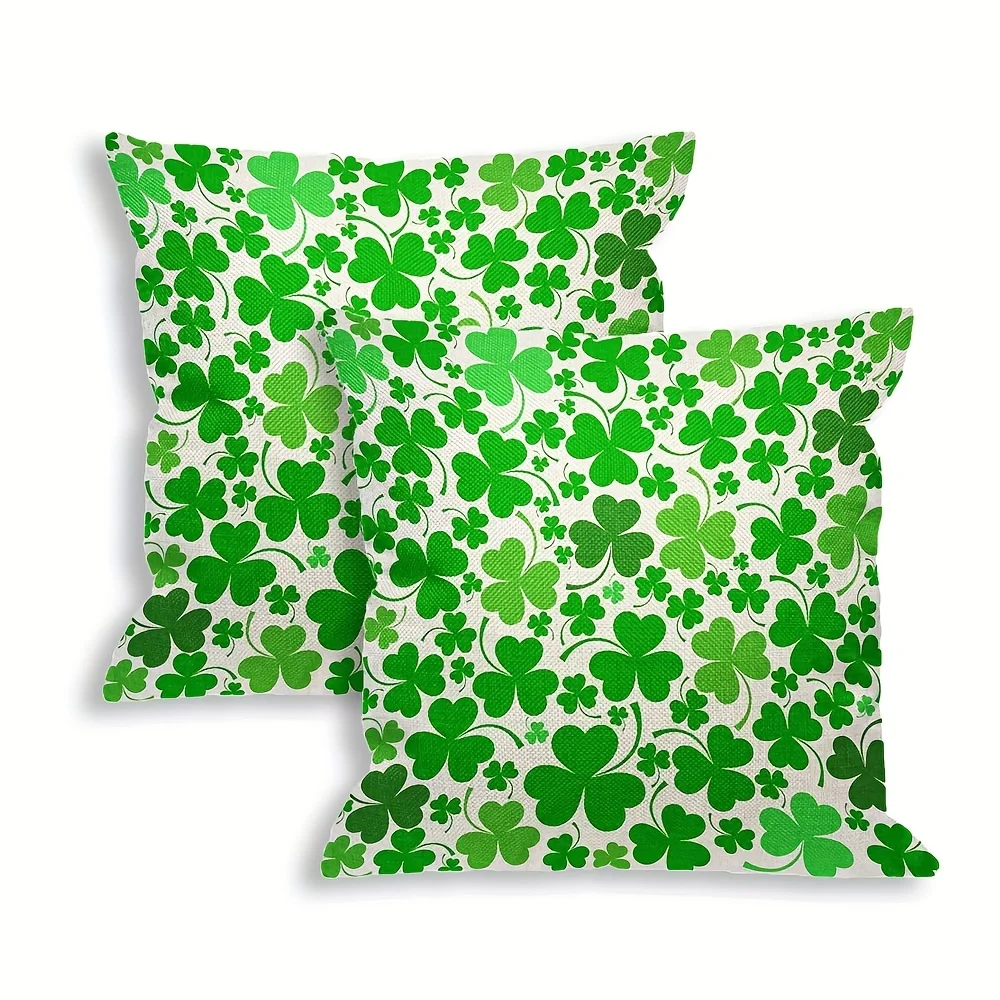 2pcs St Patrick Day Throw Pillow Cover Nature Spring Clover Leaf Floral Green Decorative Couch Sofa Bedroom Burlap Pillow Cases